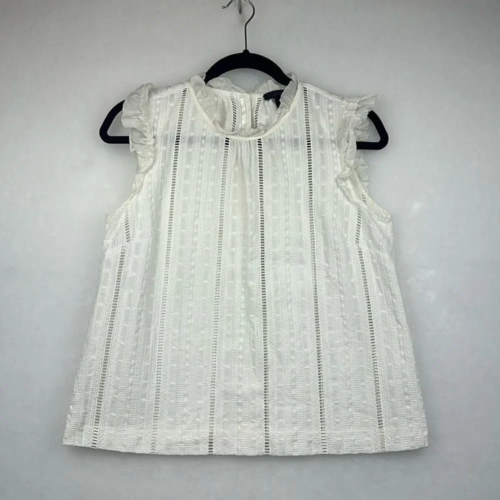 J. Crew Petite White Eyelet Ruffle Mock Neck top Sz 10P